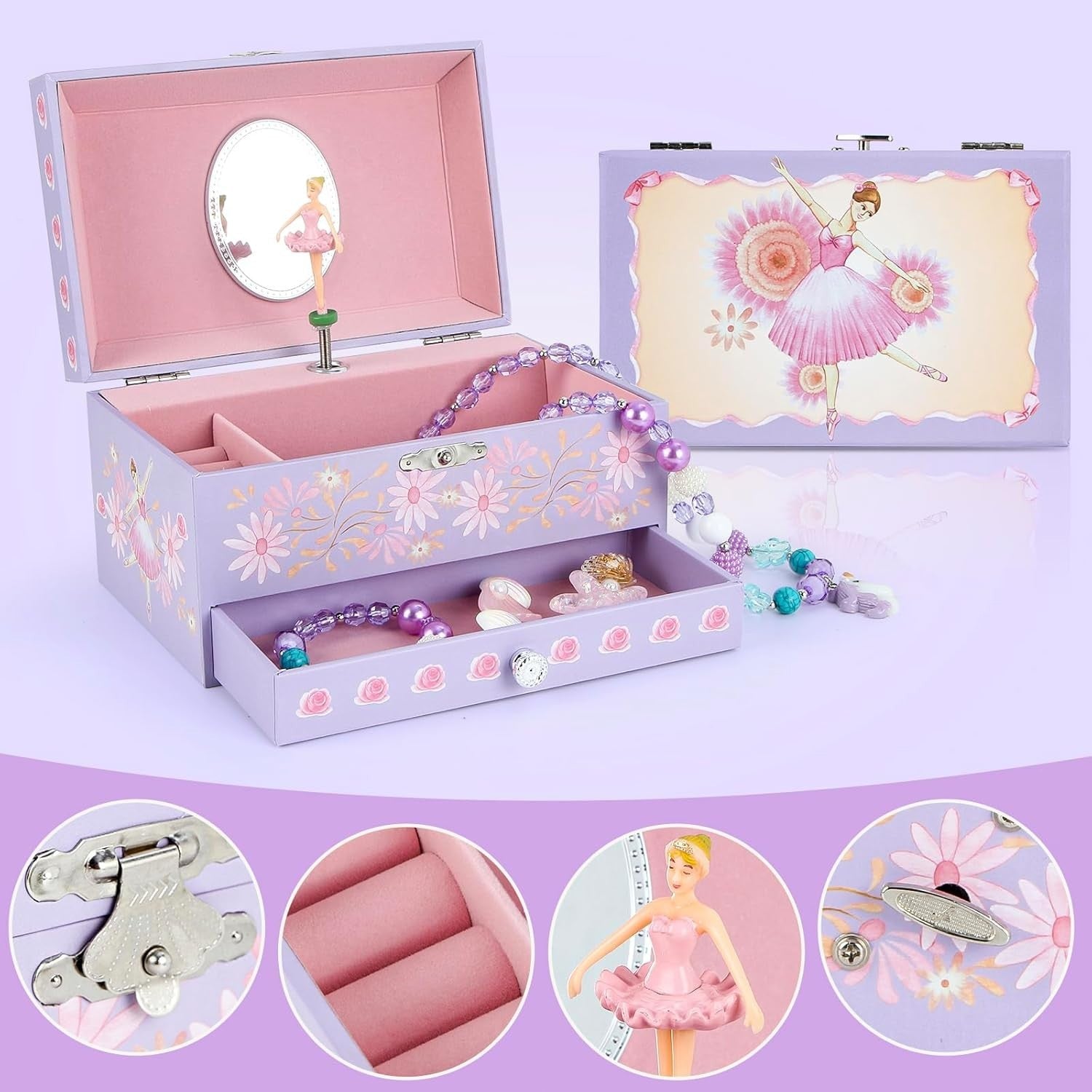 Musical Jewellery Box for Princess – Pink Dancing Ballerina with Drawer & Mirror
