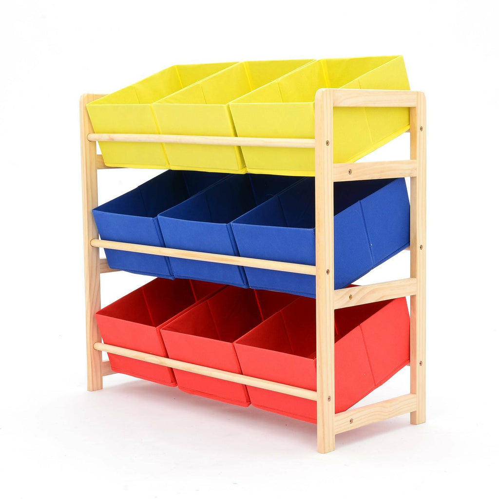 Kids Toy Storage Rack Unit with 9 Removable Bins – Wooden & Canvas Freestanding Toy Organiser